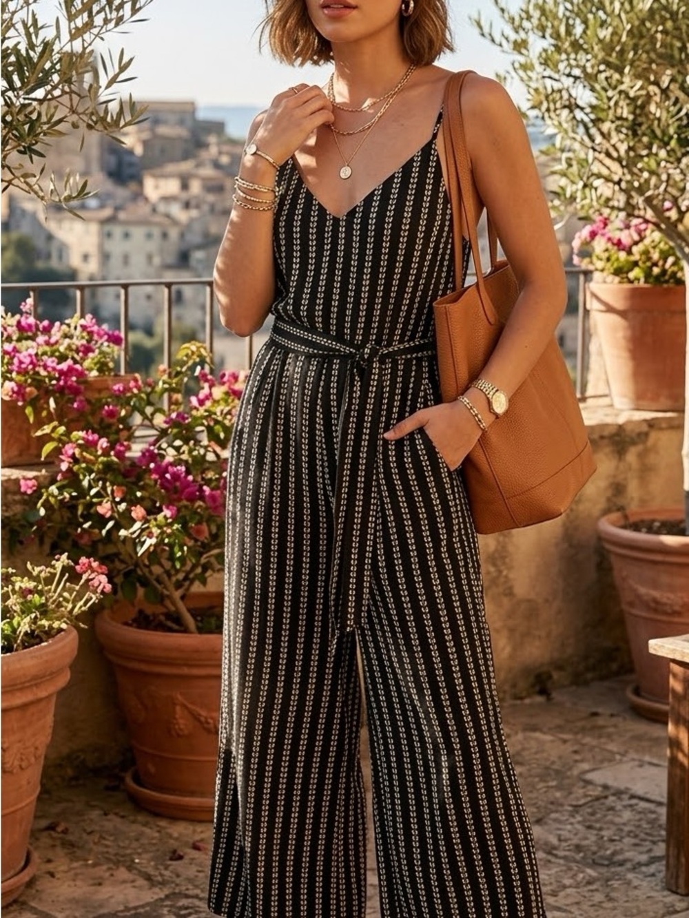 Billabong Black and Cream Striped V-Neck Wide-Leg Jumpsuit